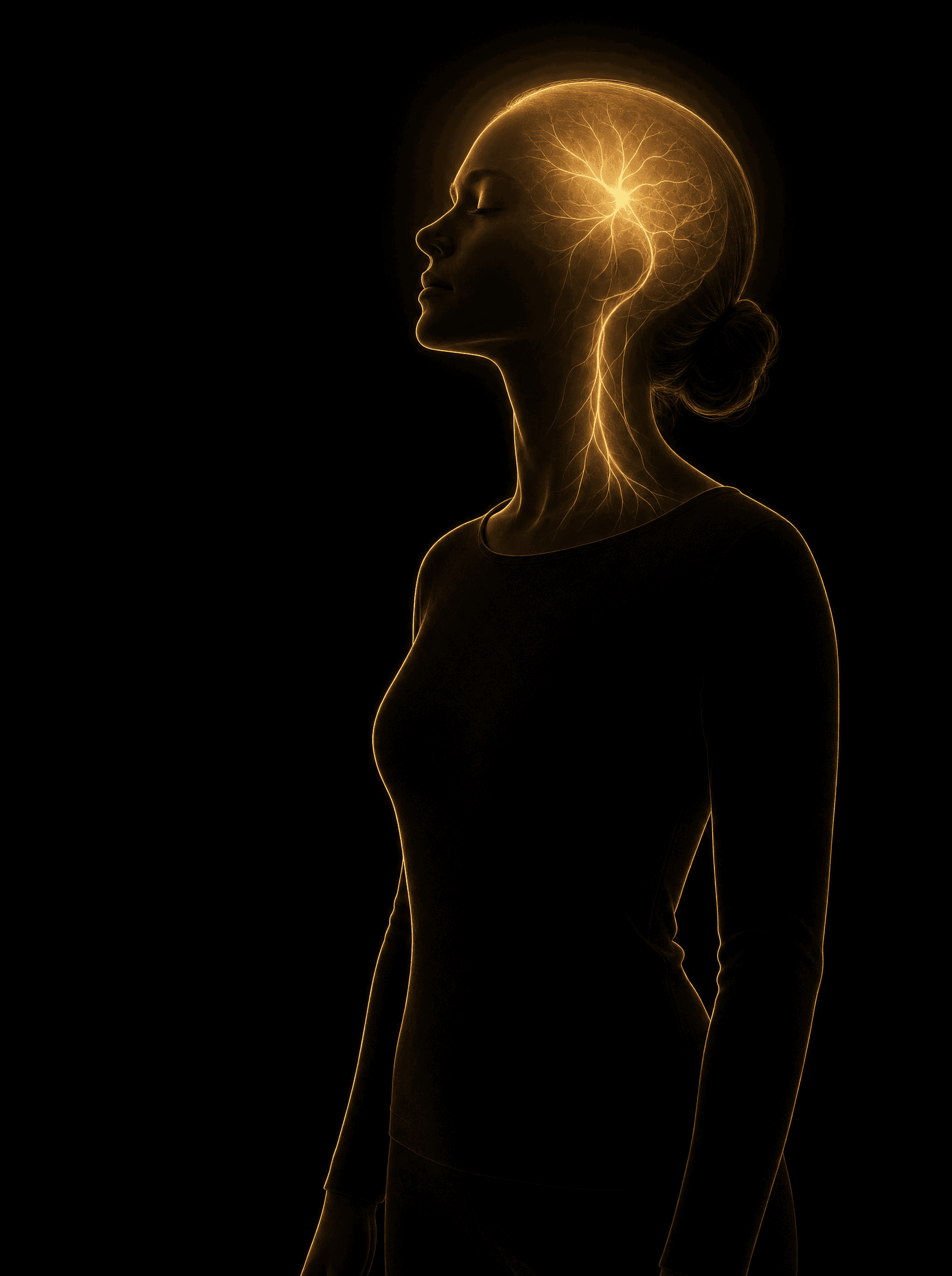 Golden rim-light silhouette illustration highlighting the head and neural pathways, representing Brain Health & Neurology at Infinite Health Group