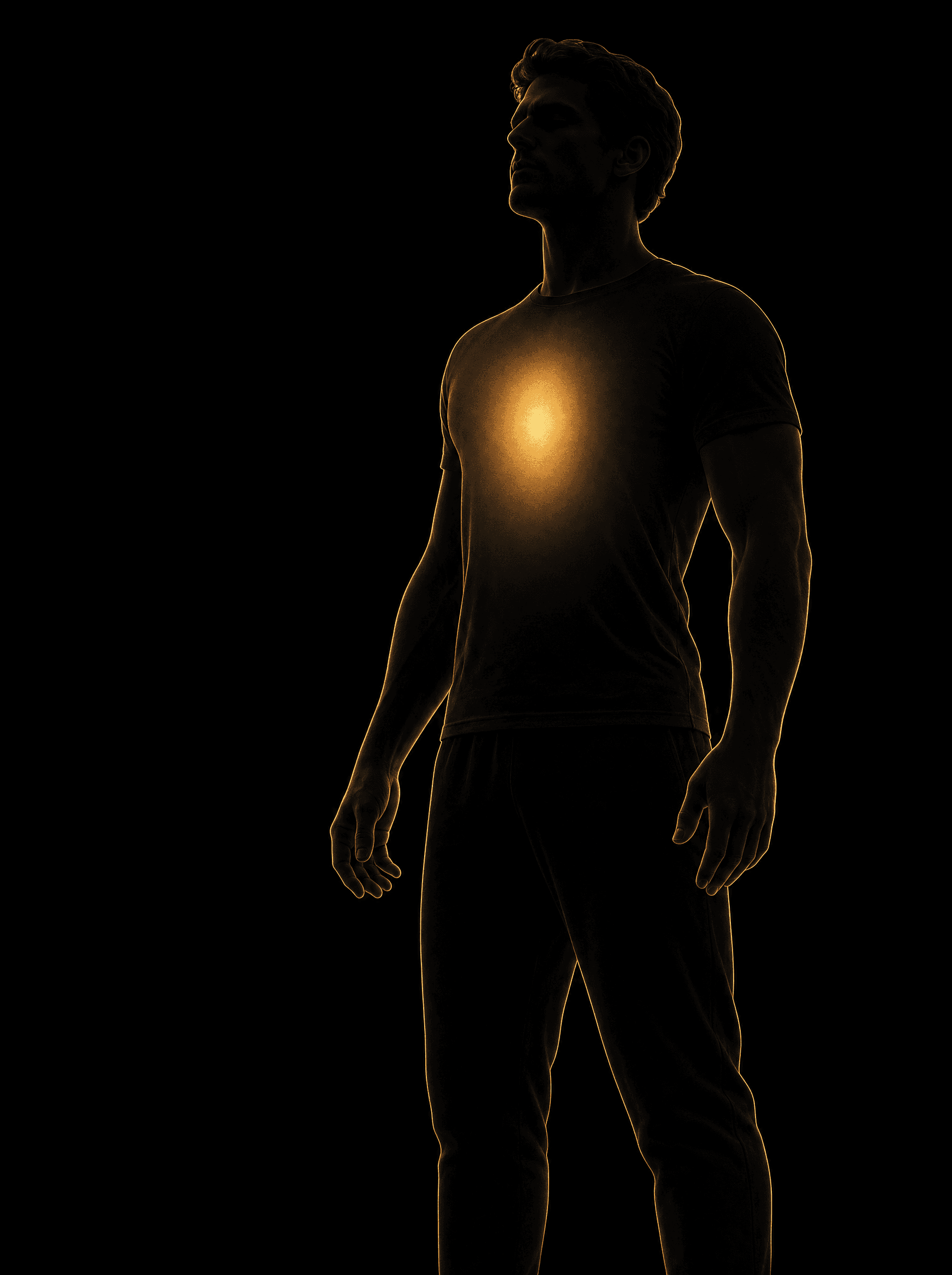 Golden rim-light silhouette illustration highlighting an inner glow at the core, representing Longevity & Bio-Optimization at Infinite Health Group