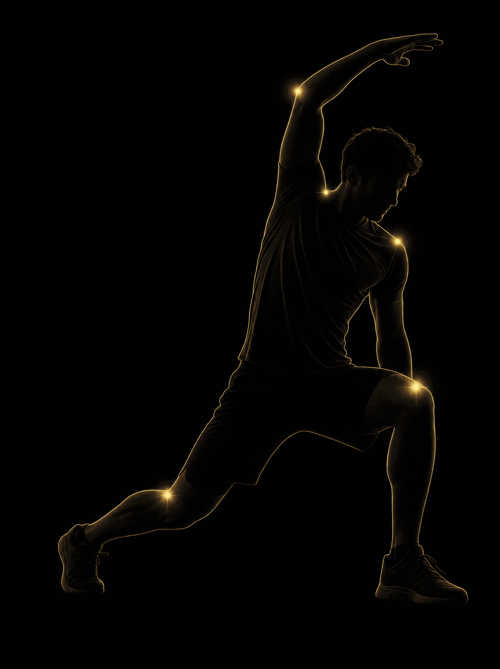 Golden rim-light silhouette illustration highlighting the shoulders, elbow and knees, representing Physical Therapy & Sports Recovery at Infinite Health Group