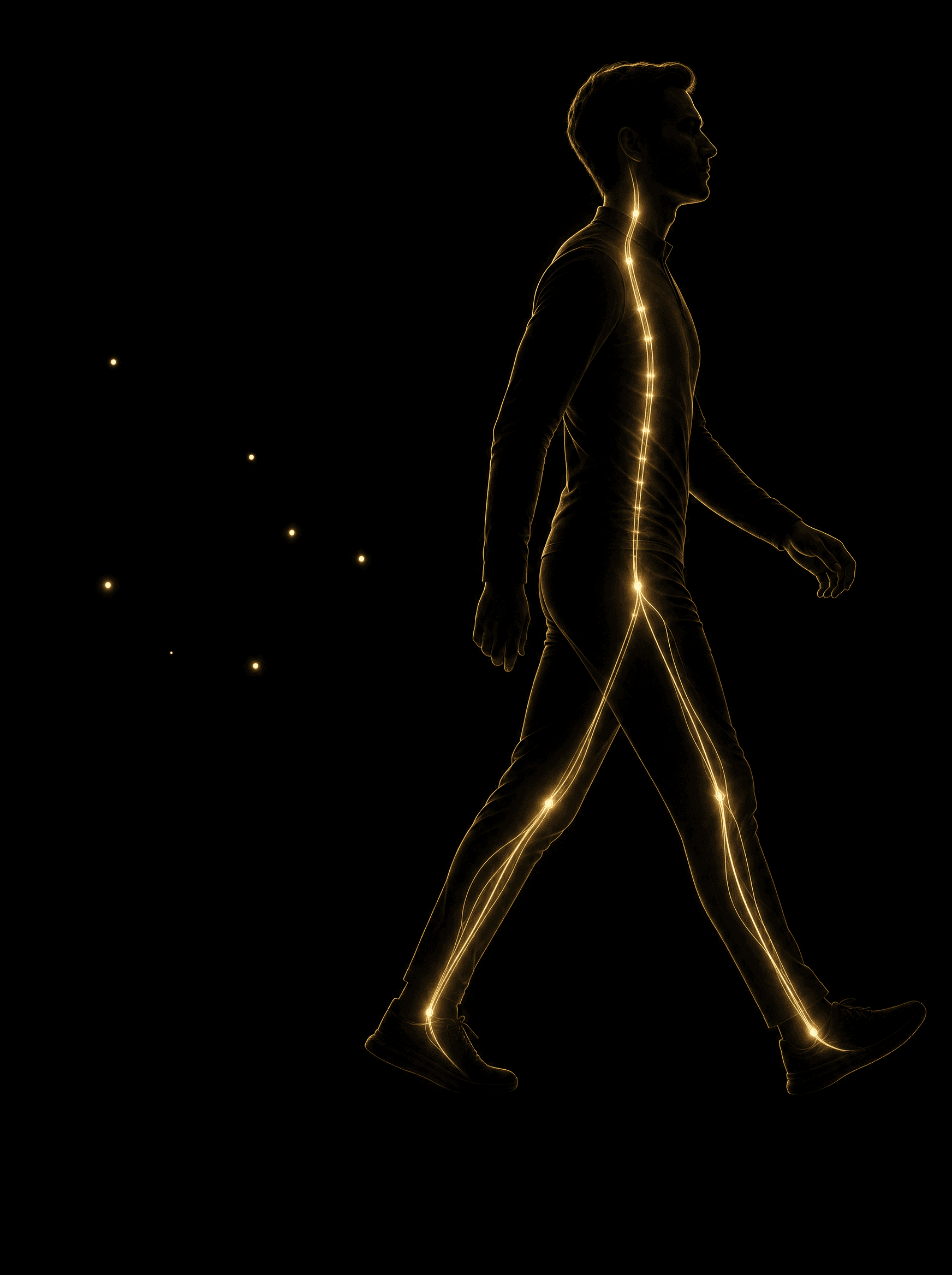 Golden rim-light silhouette illustration for the gait-posture-analysis treatment at Infinite Health Group