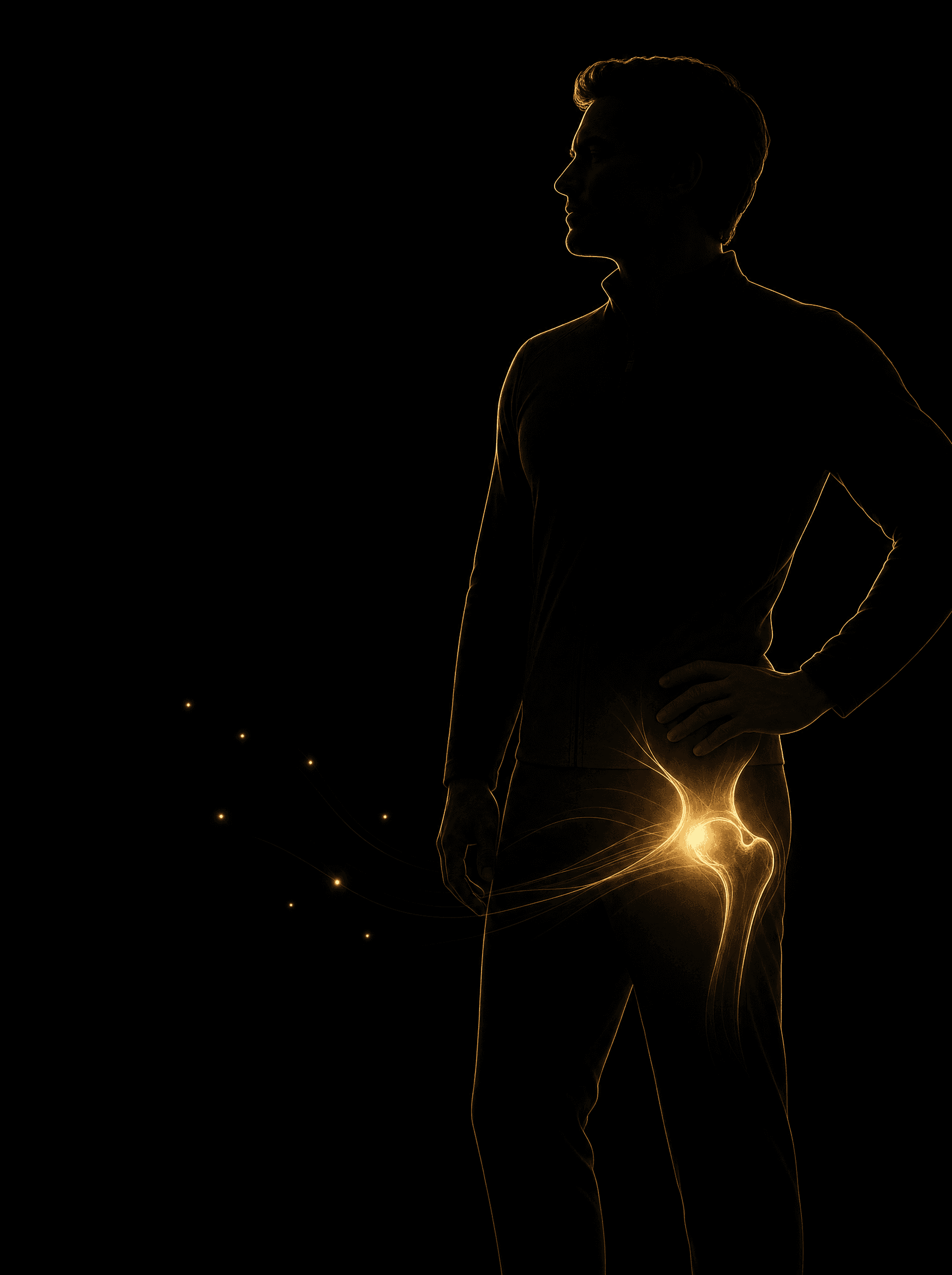 Golden rim-light silhouette illustration for the hip-pain treatment at Infinite Health Group