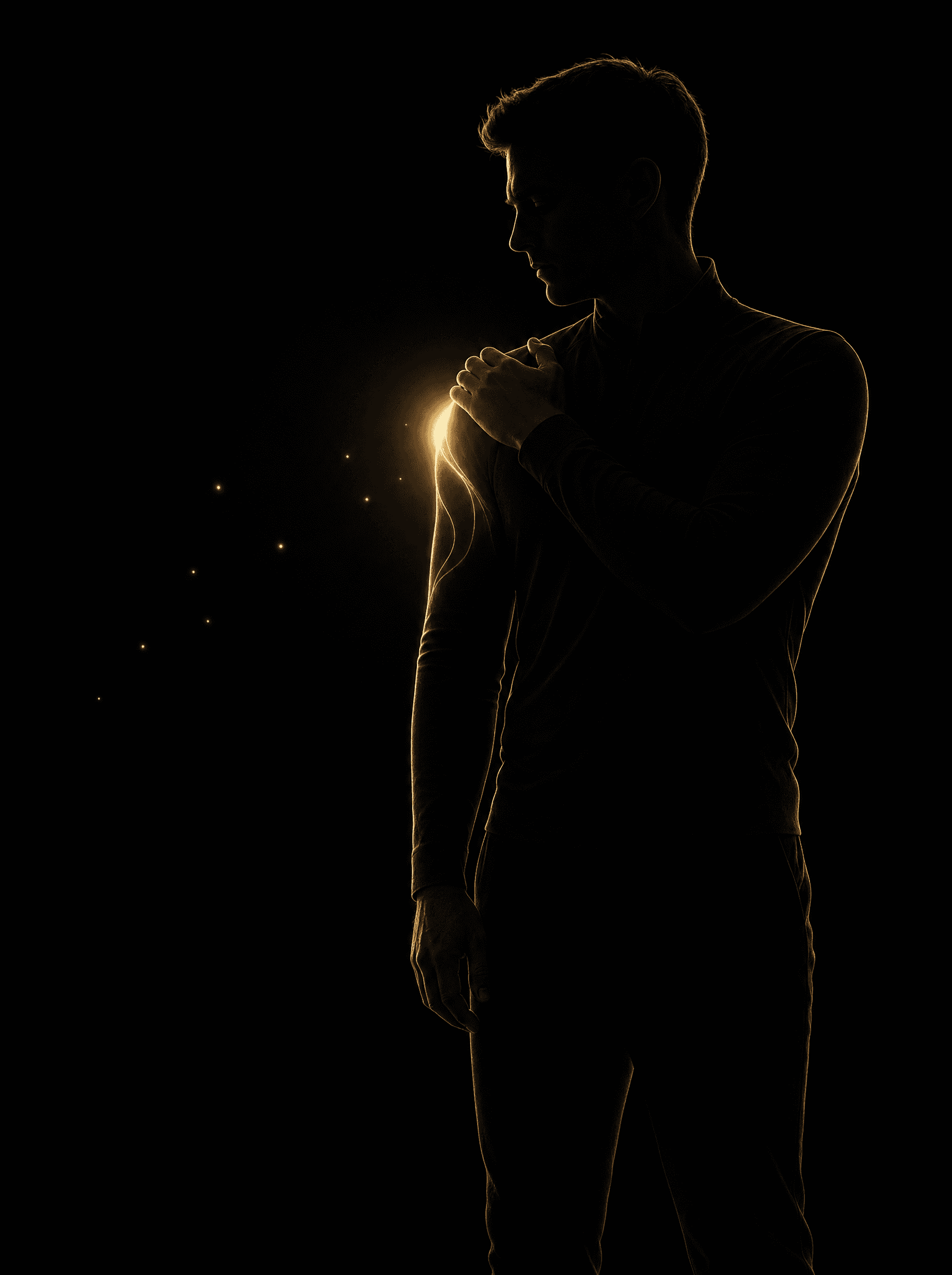 Golden rim-light silhouette illustration for the shoulder-pain treatment at Infinite Health Group